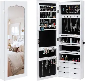 Non Full Mirror Wooden Wall Mounted 4-Layer Shelf 6 Drawers 8 Blue LED Light Jewelry Storage Mirror Cabinet - White