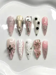 Gothic Press On Nails: 3D Cross and Skull, Silver Safety Pin, Black Spider Web