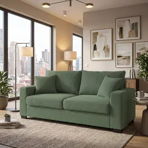 69" Modern Loveseat Sofa for Living Room, 2 Seater Sofa with Textured Fabric, Comfortable Upholstered Couch with 2 Throw Pillows and Sturdy Plastic Legs for Living Room, Apartment, Office, ,Easy Assembly for Small Spaces, Dark Green