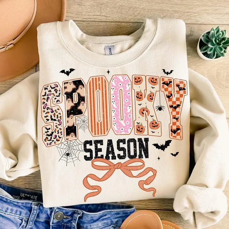 Spooky Season Sweatshirt, Coquette Halloween Crewneck, Retro Halloween Leopard Checkered Fall Sublimation, Spooky Vibes Gift