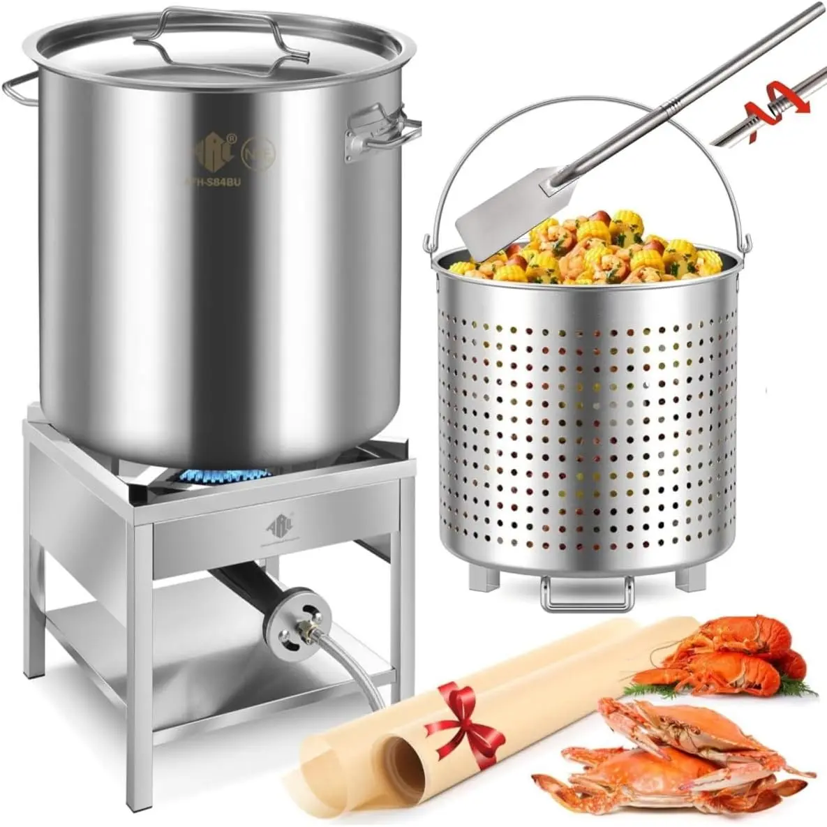 ARC ADVANCED ROYAL CHAMPION 84QT Heavy-Duty Seafood Boiling & Turkey Fryer Kit with Extra Large Stainless Steel Pans, 200,000 BTU Burner & 48" Mixing Paddle for Outdoor Cooking & Camping, Seafood Frying, Fast Heating, 84Qt Capacity