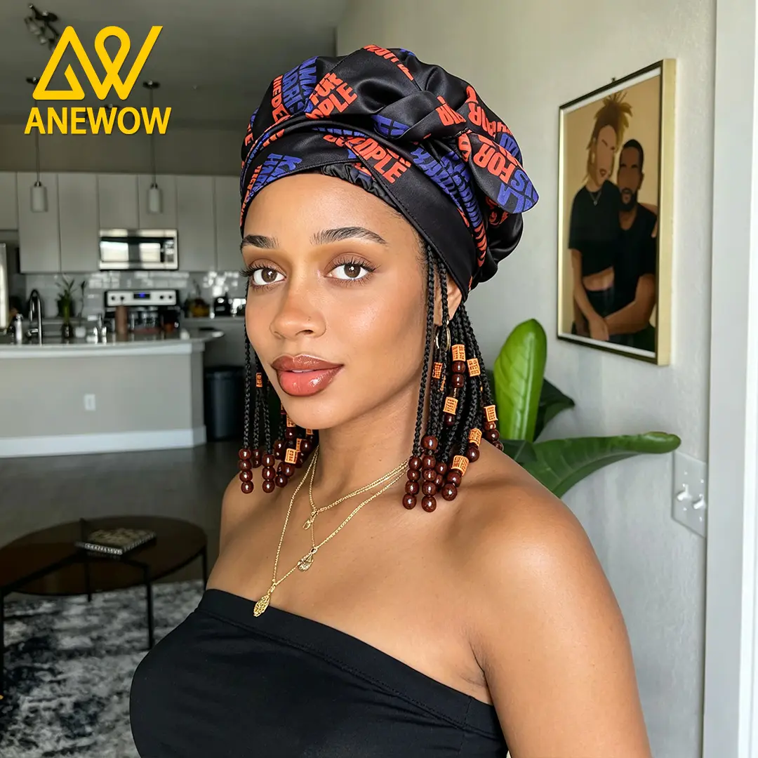 ANEWOW Black Red Blue Letter Print Satin Hand-Tied Headwrap Turban