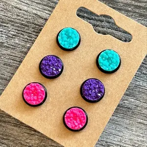Druzy Stud Earrings Set of 3 - 10mm Colorful Design for Women and Girls Everyday Wear in Turquoise, Pink & Purple cute earring colorful accent girly accessories stud jewelry