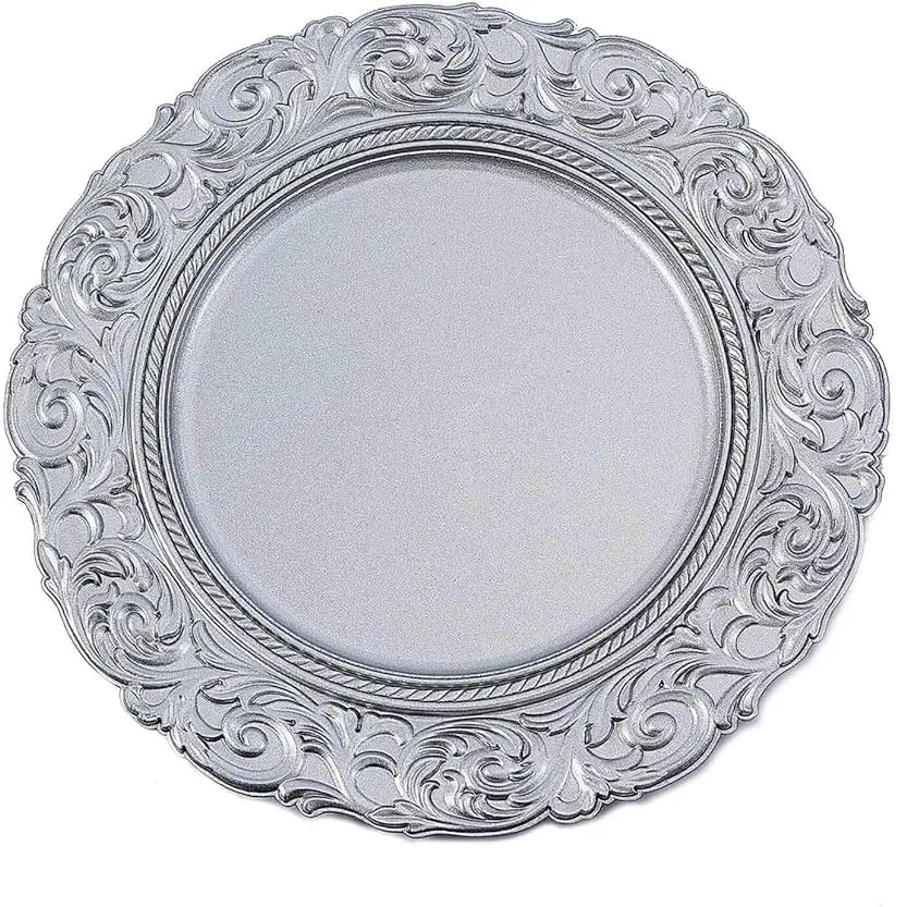 12 Pack  - 13” Round Baroque Charger Plates Plastic Gold.