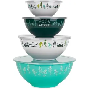 Camco Nesting Bowl Set with Lids - Features Life is Better at The Campsite Design - Camping Dishware Set Includes 4 Durable Melamine Bowls with 4 Plastic Lids - Camping Kitchen Essentials(53451)