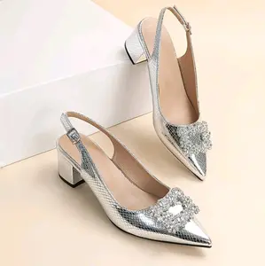 Metallic Snakeskin Embossed Rhinestone Decor Slingback Pumps