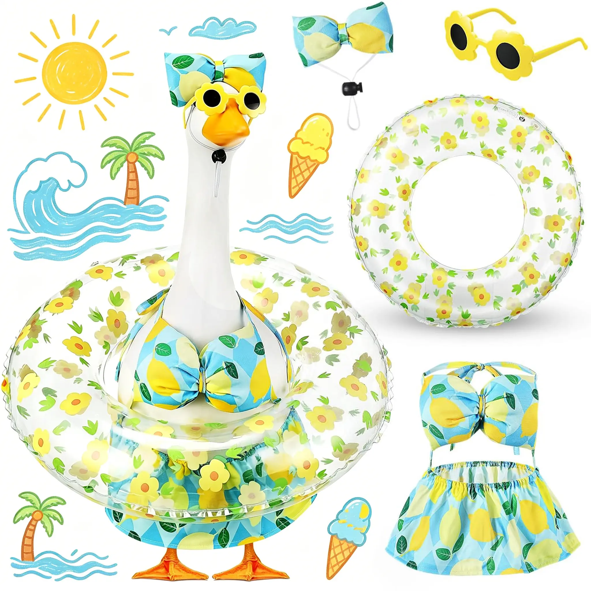 23" Summer Goose Statue Decoration Accessory Set, DIY Felt Craft Goose Outfits Kit with Sunglasses & Swimming Tube for Garden Patio Toys & Hobbies, Flower, Smooth