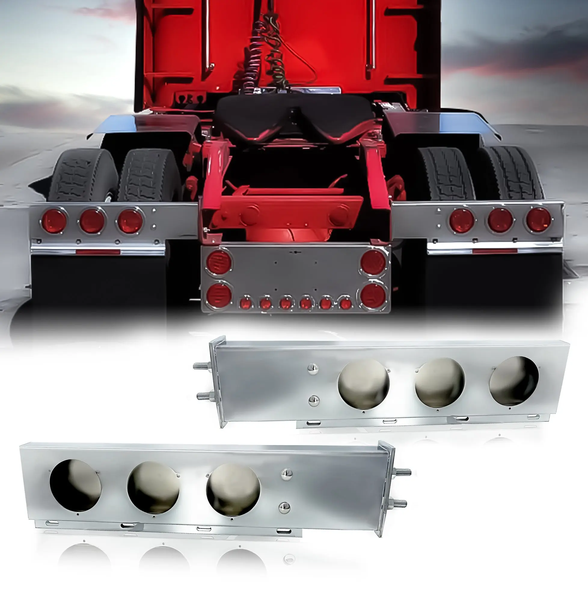 TORQUE Mud Flap Hanger for Semi Trucks 2-1/2" Bolt Spacing 30" Chrome, 4" Light Cutouts, Lights NOT Included, Spring Loaded, Straight, Right Left Included, (TRMFH308)