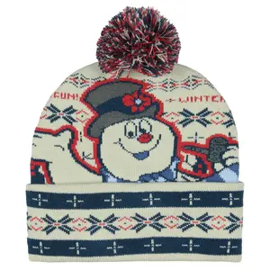 Frosty The Snowman Men's Beanie Winter Fun Fair Isle Frosty Design Fold Cuff Top Pom Knit Beanie Hat OSFM