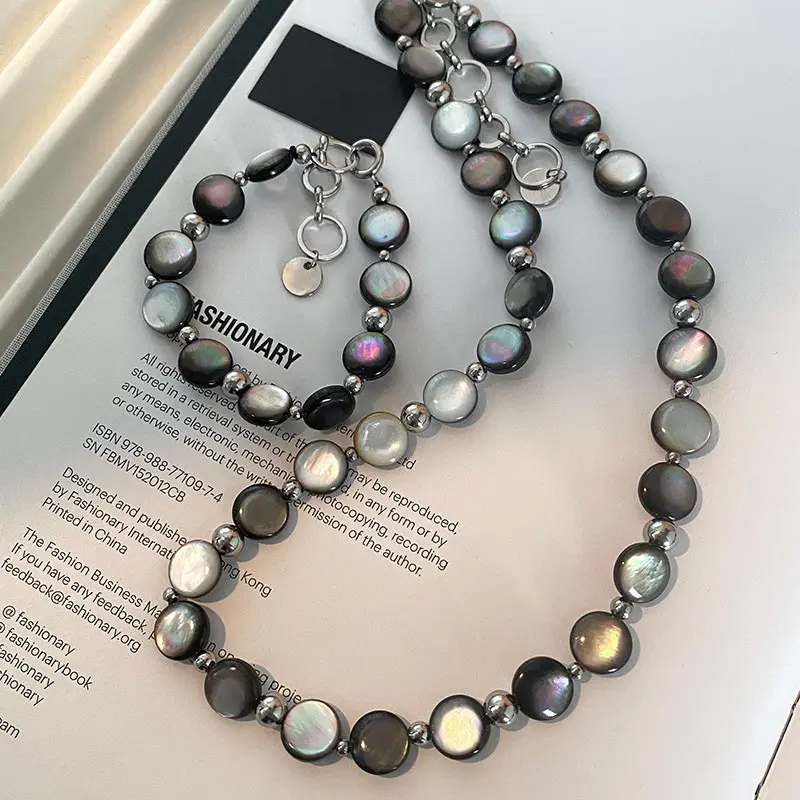 Viral Abalone Shell Necklace Set Iridescent Black Butterfly Pearl Choker And Bracelet For Women Natural Deep Sea Shell Bead Jewelry Gift