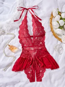 AgeRose Women's Sexy Deep V Neck Strapless Bodysuit Soft High Elastic Lace Floral Patchwork One-piece Sleepwear baby doll tops New Year Gift Valentine's Day Gift Elegant Vneck Sleepwear Lace Detail Compression Womenswear