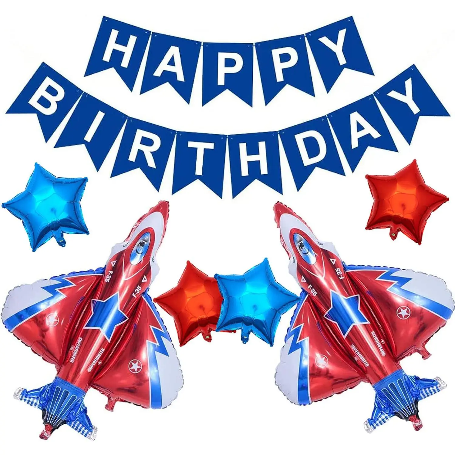 Large Fighter Jet Airplane Balloons Cartoon Flying Party Happy Birthday Banner Star Foil Balloon For Boys Girls Kids 1St 2Nd 3Rd 4Th Birthday Baby Shower Party Supplies Decorations