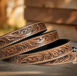 Leather tooled leash, handmade floral western dog cat lead full grain heavy duty leather