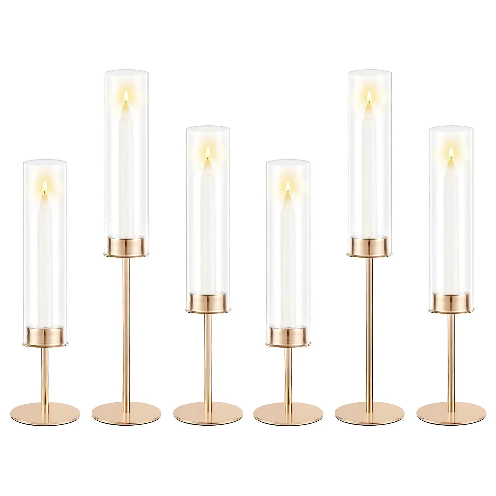 GAOMON Set of 6 Hurricane Glass Candle Holders Gold, Taper Candlestick Holders with Clear Cylinder Sleeves, Elegant Table Centerpiece for Wedding, Birthday, Christmas, Home Decor