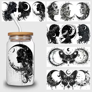 5 sheet Moon Witch UV DTF Cup Stickers, DTF Transfer Stickers, Waterproof Wipe-Off Transfer Paper for 16oz Glass, Mug, Crafts, Furniture