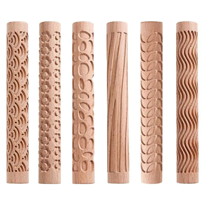 6Pcs Clay Modeling Pattern Rollers, Texture Rollers for Clay Wooden Handle Pottery Tools Stars Wood Wave