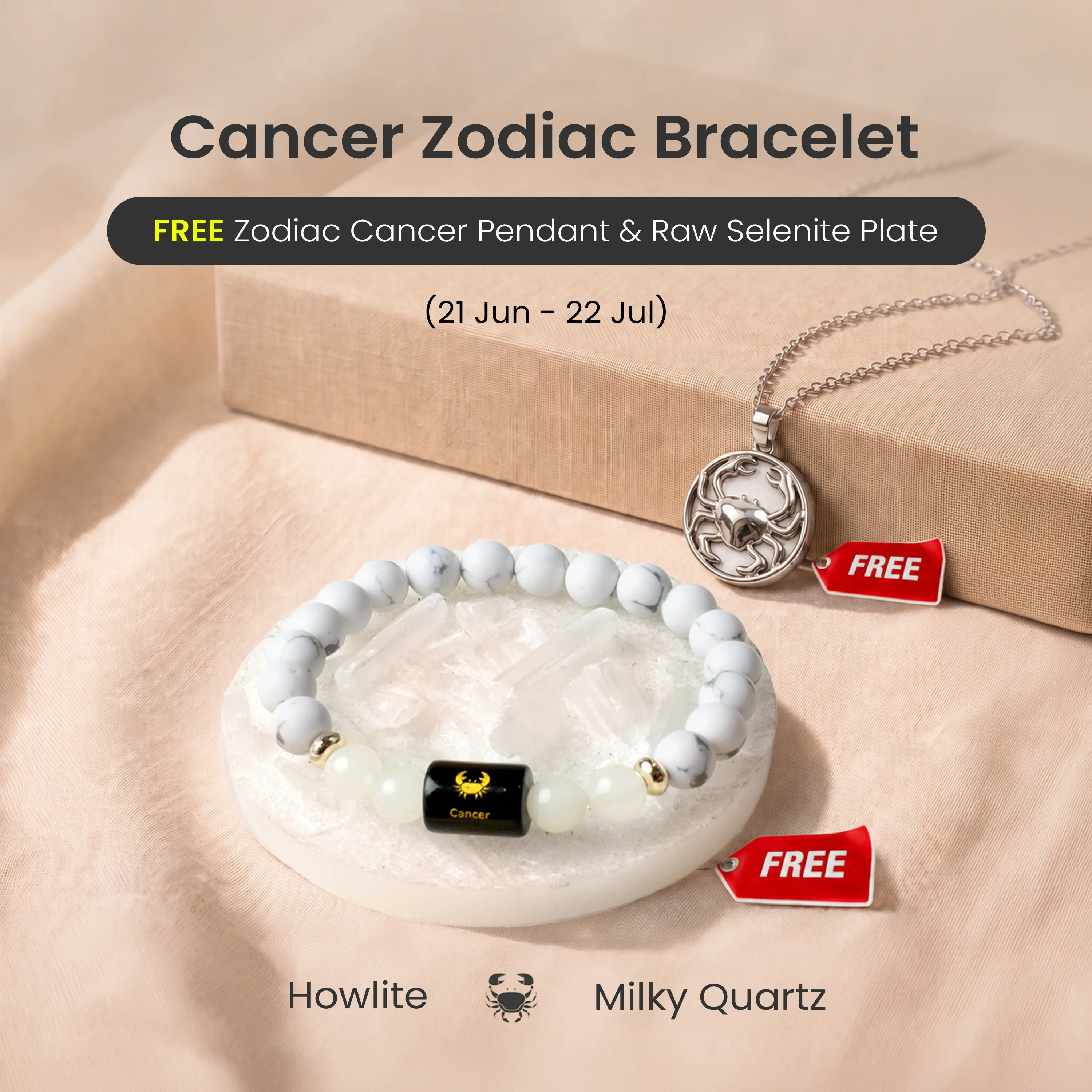 Astrotalk Howlite & Milky Quartz Cancer Zodiac Bracelet for calm emotions, ease overwhelm & bring inner peace | FREE Cancer Pendant & Raw Selenite Plate for Crystal Charging | Daily Wear Jewellery | Certified Authentic | Perfect Gift for Cancerians