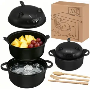 Cute Wheat Straw Cooking Ramen Bowl Kit, Big Cute Pig Microwave Safe Noodle Bowl with Lid Strainer Handle Spoon Chopsticks Fork Home Dorm Present