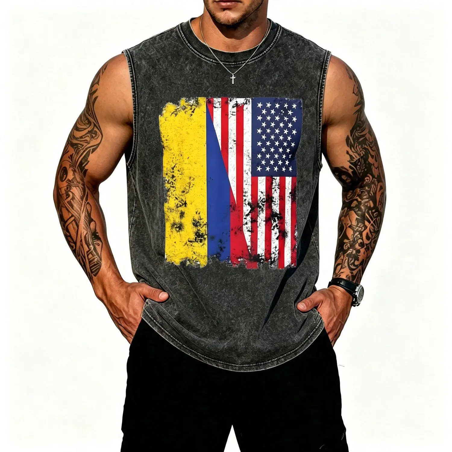 Colombia USA Flag Distressed Half American Vest Casual Sleeveless Outerwear for Men and Women Stylish Patriotic Apparel
