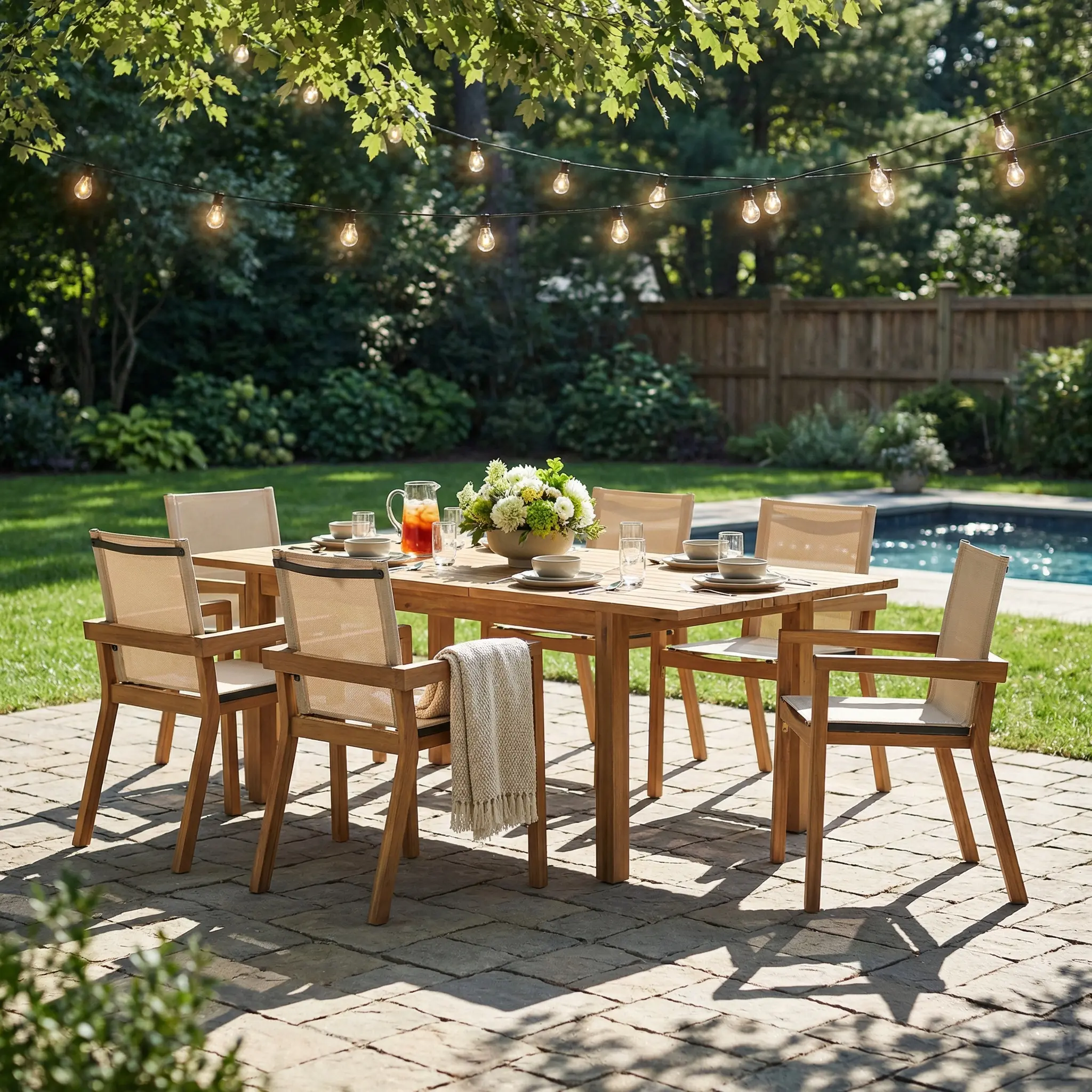 Outdoor Dining Set with Expandable Table and Mesh Chairs, Seats 6, Solid Acacia Wood, Multiple Color Choices, for Patio, Garden, Deck, Poolside