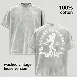 Vintage Washed Gym Graphic T Shirt for Men 100% Cotton Oversized Bodybuilding Fitness Tee Retro Muscle Workout Shirt Heavyweight Training Gymwear Casual Streetwear Summer Graphic Top Gift for Gym Lovers Menswear Tshirt Crewneck Tropical