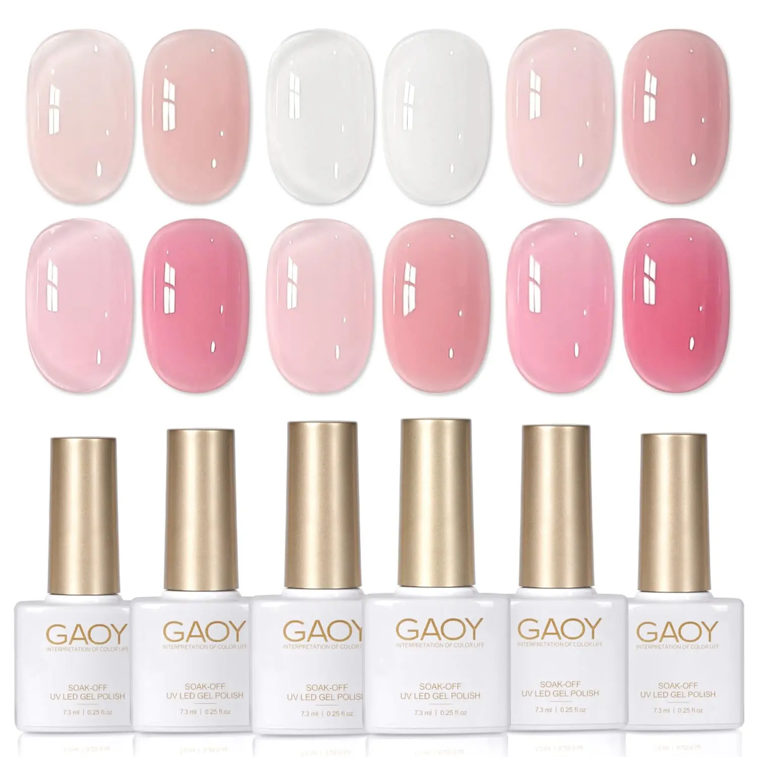 GAOY 6 Colors Rubber Base Gel Set, Jelly Builder Base Nail Gel Nude Sheer White Pink, 2-in-1 Soak Off Nail Strengthener, Blush Jelly