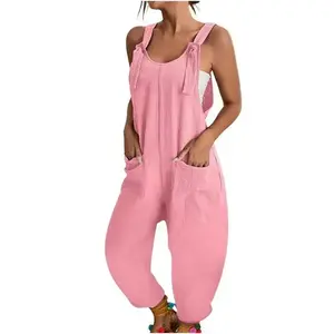 Solid Color Pockets Overall Jumpsuit, Casual Knot Front Loose Overall Jumpsuit For Spring & Summer, Women's Clothing