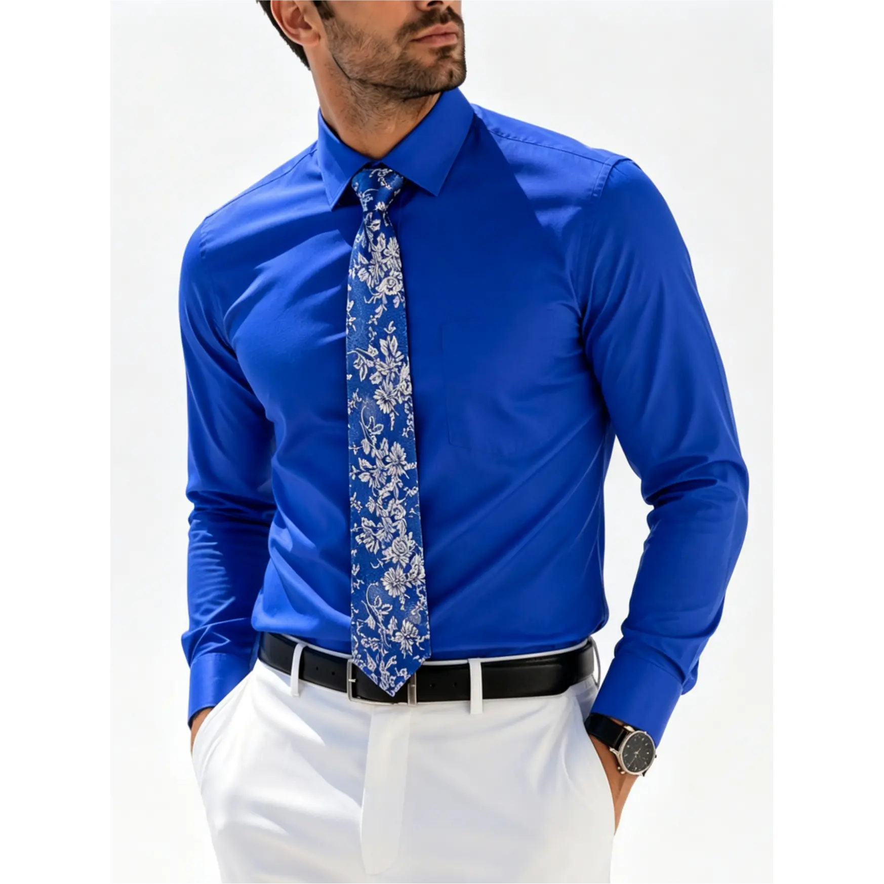 ALIZEAL Men's Slim Fitted Button Down Black Colored Long-Sleeve Dress Shirt Set (3pcs) with Floral Tie, 1-Pocket Pocket Square Casual Party Outfit