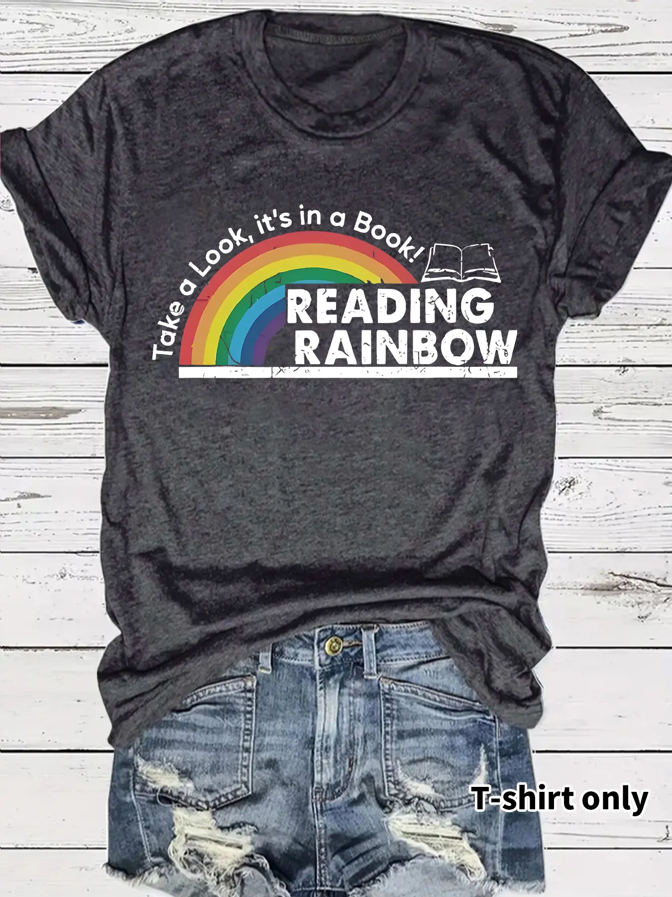 Women's Graphic Print Book Lover T-Shirt, Printed Rainbow & Books Design, Short Sleeve Round Neck Summer Casual Fitted Top, Medium Stretch