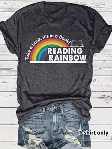 Women's Graphic Print Book Lover T-Shirt, Rainbow & Books Printed Design, Short Sleeve Round Neck Casual Fitted Top, Medium Stretch, Womenswear