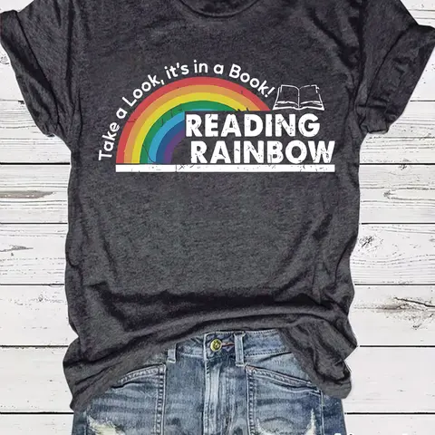 Women's Graphic Print Book Lover T-Shirt, Printed Rainbow & Books Design, Short Sleeve Round Neck Summer Casual Fitted Top, Medium Stretch