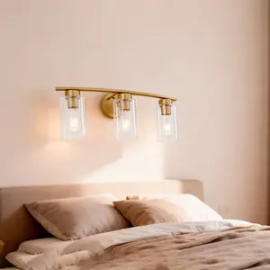 3-Light Brushed Gold Vanity Lights, E26 Modern Bathroom Light Fixtures with Clear Glass Shade, Wall Lamps for Mirror Kitchen Hallway Cabinet Living Room Sconces Lights