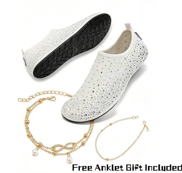 Women's Water Shoes, Rhinestone Shiny Stretch Mesh Slip-Ons with Barefoot Feel, Non-Slip Barefoot Wading Shoes for Beach & Pool