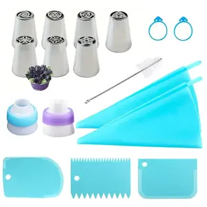 Russian Piping Tips Set 7PCS Flower Frosting Nozzles Icing Tips for Cake Decorating Tips Kit, Baking Supplies for Cookie Cupcake, 2 Couplers 2 Pastry Baking Bags，3 Cake Scrapers
