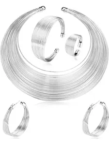 5 Pieces African National Statement Women's Bracelet Cuffs Open Bib Fashion Jewellery Set Trendy Jewelry Set Hoop Earrings Women Rings Gold/Silver Statement Chunky Necklaces Non Tarnish Jewelry