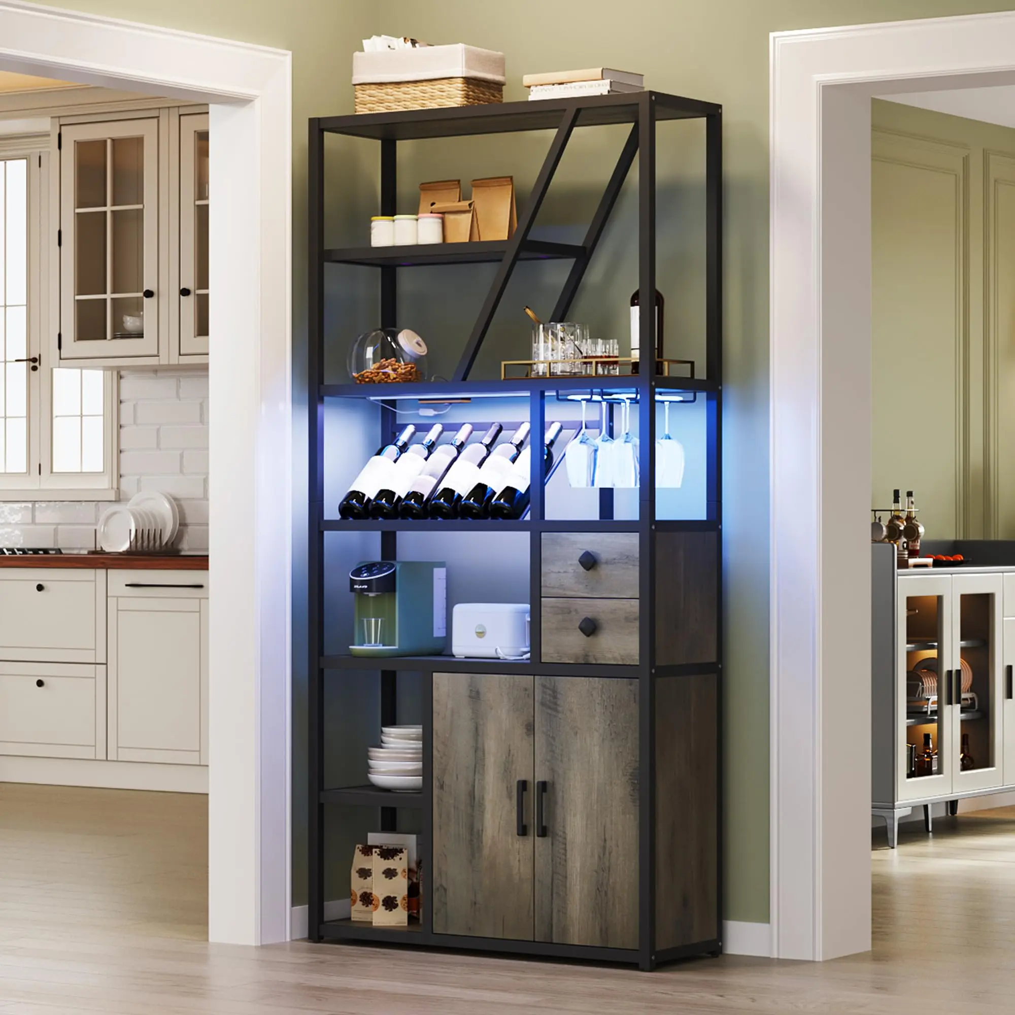 Garvee Elegant Wine Bar Cabinet with Ample Storage, Integrated Glass Holder, and Ambient LED Lighting - Stylish Sideboard Home Bar Perfect for Living Room Entertainment and Display
