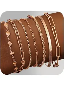 7Pcs Chain Bracelets for Women 14K Gold Plated Stacking Bracelets Twist Snake Chain Bracelets Adjustable CZ Link Charm Bracelet Rose Gold Silver Bracelets Set Gold Bracelets for Women Ladies