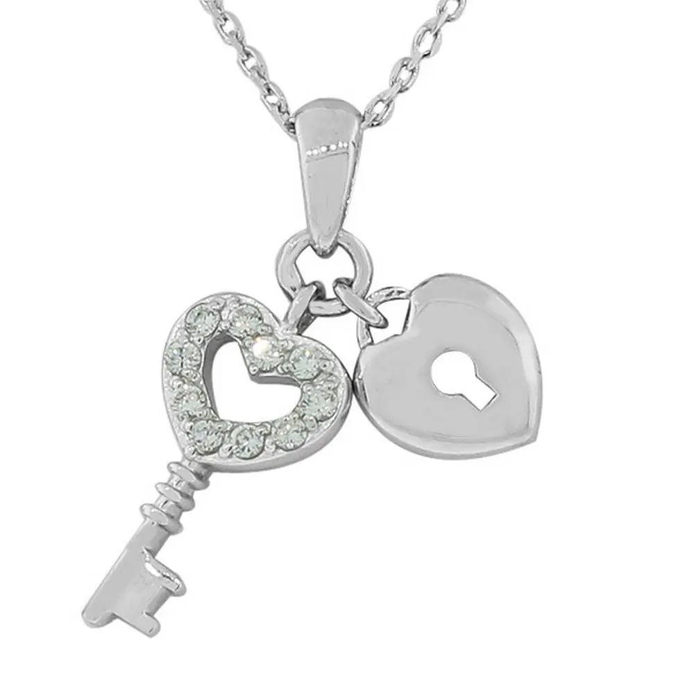 Women's 925 Sterling Silver Elegant White Heart Padlock Pendant Necklace, 18in, 0.65in White Crystal Stones, 2.9g, Spring Ring Clasp, Love & Key Charms for Adults, Female, 2.9 Grams