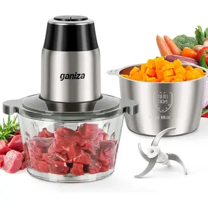 Food Processors, Electric Food Chopper with Meat Grinder & Vegetable Chopper - 2 Bowls (8 Cup+8 Cup) with Powerful 450W Copper Motor - Includes 2 Sets of Bi-Level Blades for Fruits/Meat/Nuts