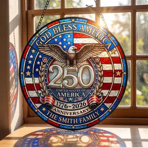 Personalized USA 250th Anniversary Suncatcher, Custom Family Name Window Hanging Decor, Patriotic Eagle Acrylic 1776–2026
