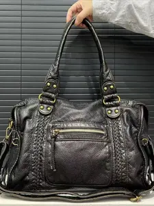 Ladies' fashionable Y2K soft leather tote bag with retro washed vegan front pocket, large capacity single shoulder crossbody bag
