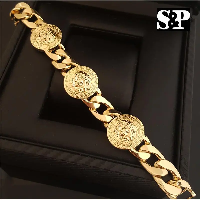 RAPPER'S STYLE HIP HOP GOLD PLATED MEDUSA MEDALLION GREEKY CUBAN CHAIN BRACELET