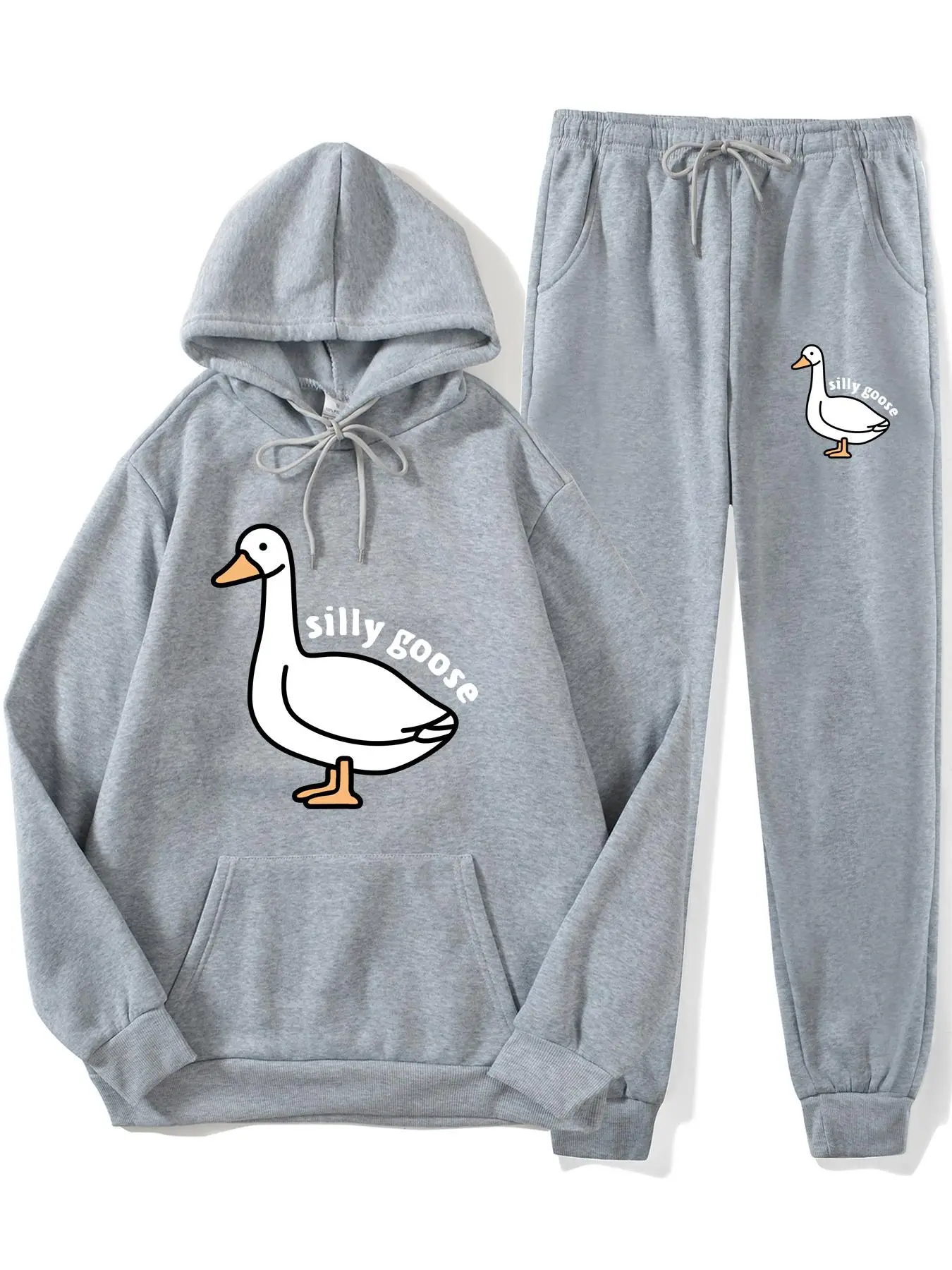 Two Pieces Men's Cartoon Goose Print Drawstring Longsleeves Two Piece Fall Suits Set, Work Clothes for Office, Regular Fit Long Sleeve Pullover & Pock