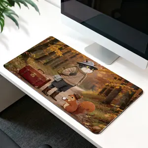 Premium Autumn Forest Cat With Hat And Backpack And Squirrel Illustration High Quality Mouse Pad Modern Office Gaming Comfort Experience Non Slip Durable For Daily Work And Play  40*80 Size.