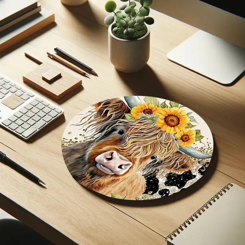 1pc Highland Cow Small Mouse Pad Boho Flowers Round Desk Mat Office Desk Accessories With Stitched Edge Non-Slip Mousepad Rubber Base Computer Keyboard Desk Pad Table Mat for Home Office as Gift for Women Men Friends