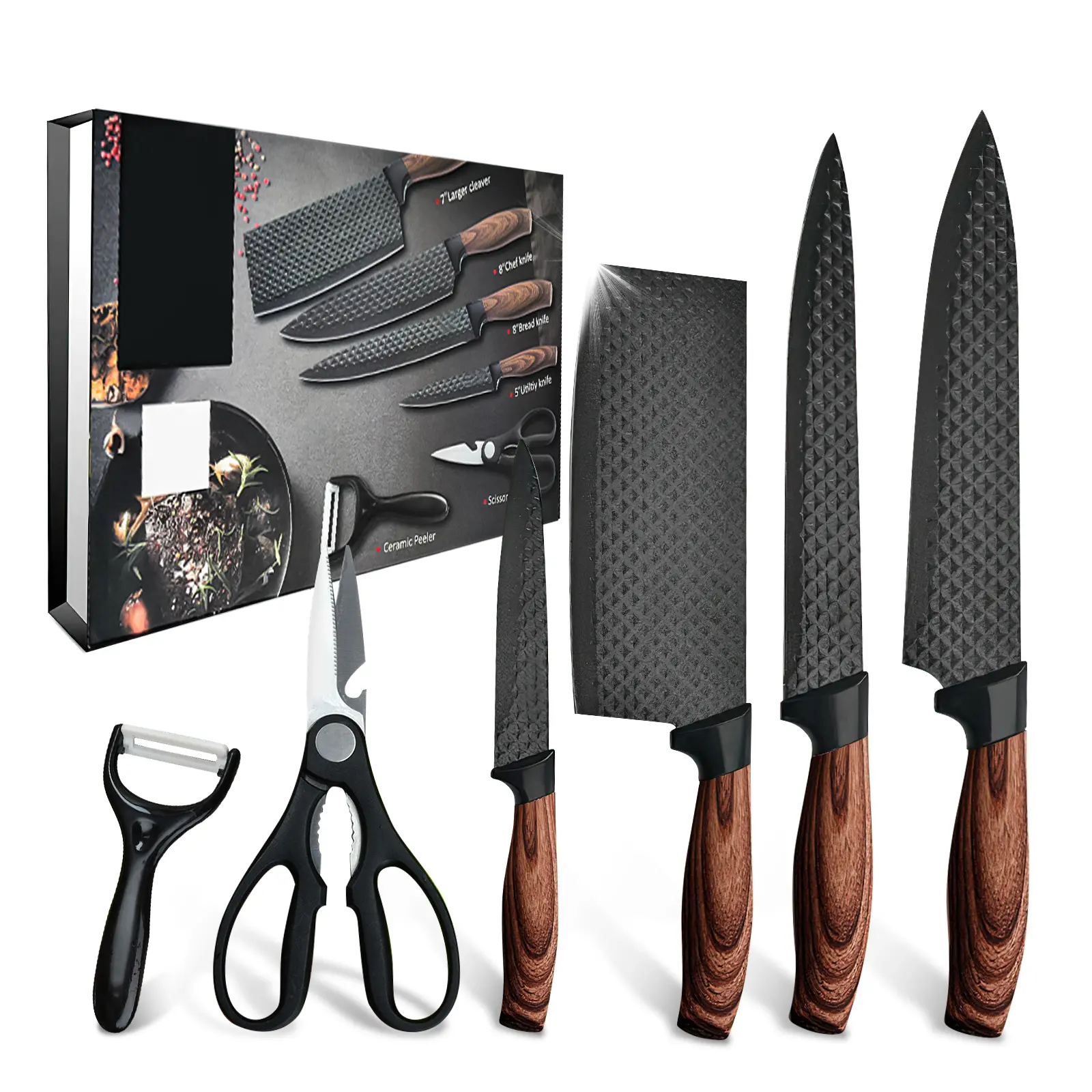 6 Piece Chef Knife Set, Black Kitchen Knife Set with Sharp Meat Knives, Non-Stick Stainless Steel, Wood Handle, Chef Knife, Small Cleaver, Meat Cleaver, Paring Knife