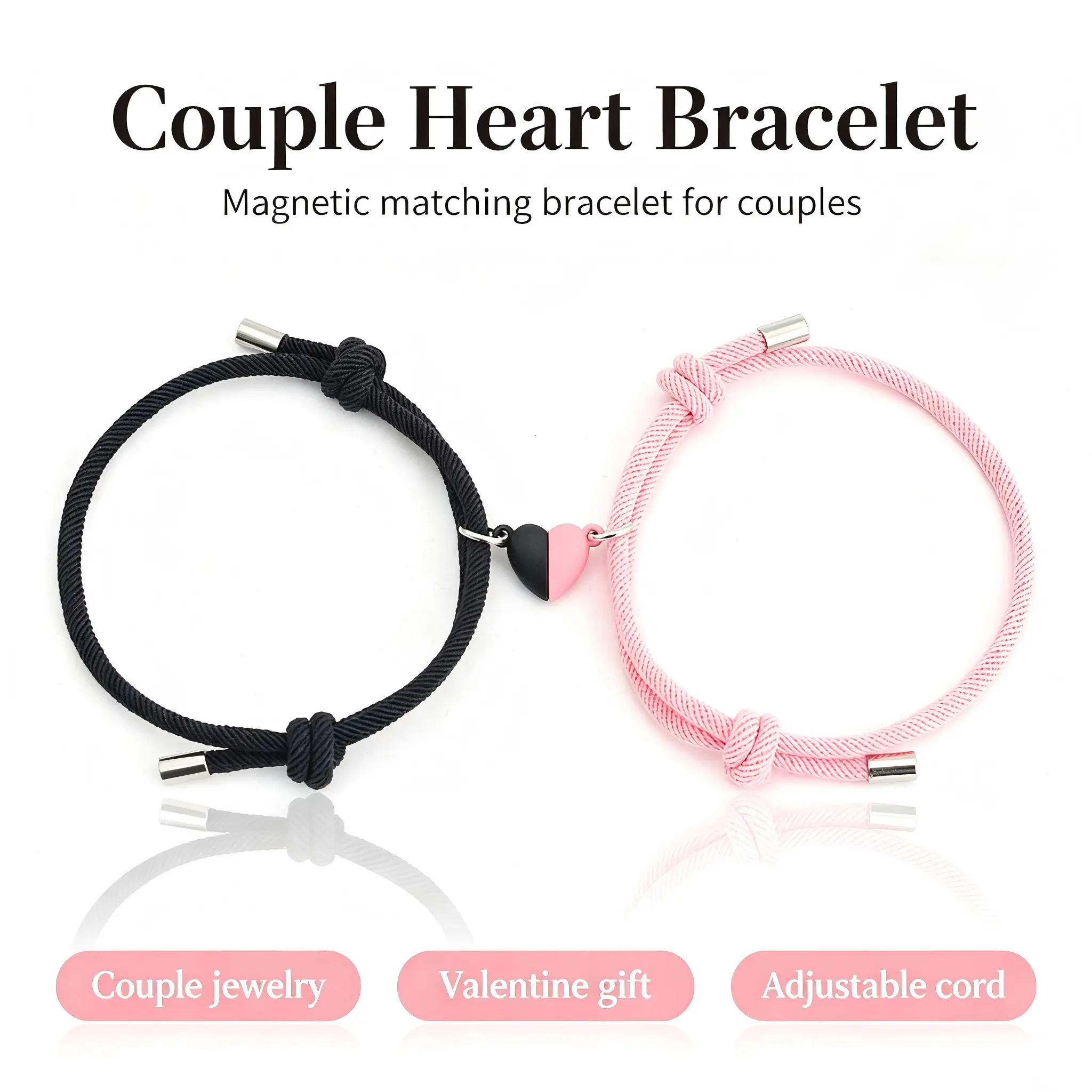 Unisex Heart Shaped Matching Couple Bracelet Set - Adjustable Red & Black Rope Jewelry with Pink Charm, Trendy Fashion Accessory, Valentine Gift for Her, Matching Heart Bracelets, Couple Bracelets