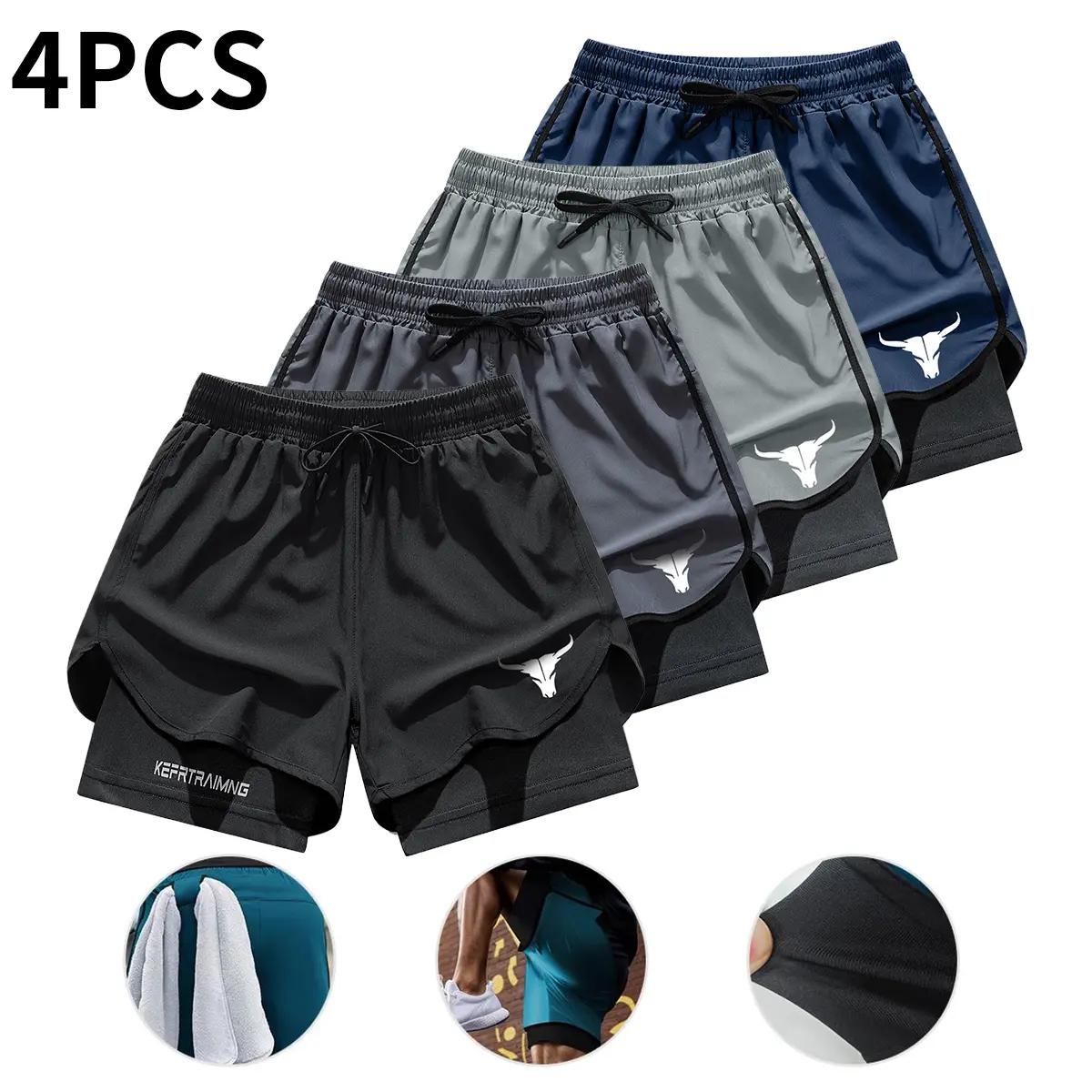 Men’s 2‑in‑1 double‑layer quick‑dry shorts with inner pockets, available in a 4‑pack, suitable for summer gym workouts and training.,summerwins summerwins black Elastic Sporty Shorts Fitness Workout Shorts