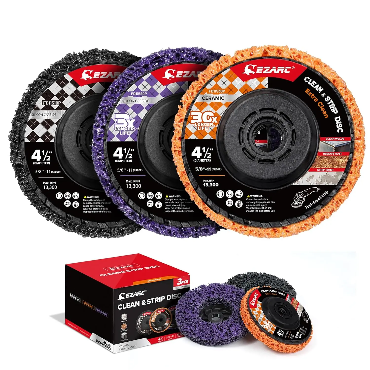 EZARC Stripping Discs 4-1/2" Paint & Rust Removal Wheels for Angle Grinder, Clean and Remove Coatings, Scaling, Welds and Oxidation, Multi-Color Strip Disc Set, 3-Pack (Black, Purple, Orange),father'sdaygifts