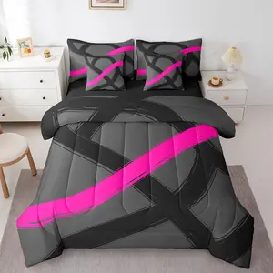 Hot Pink Black Stripes Comforter Set with Sheets Kids 7 Pieces Geometric Modern Abstract Art Bedding Set for Boys Girls Teens Luxury Geometric Line Bed in a Bag Room Decor
